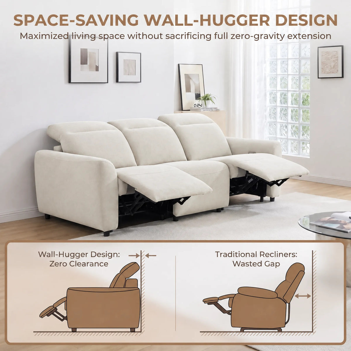 CHITOOMA 91" 3-Seat Power Reclining Sofa, Zero-Gravity Zero-Wall-Hugger Recliner with Charging Ports, Adjustable Headrests, Pet-Friendly Tri-Proof Fabric for Living Room, Home Theater, Beige