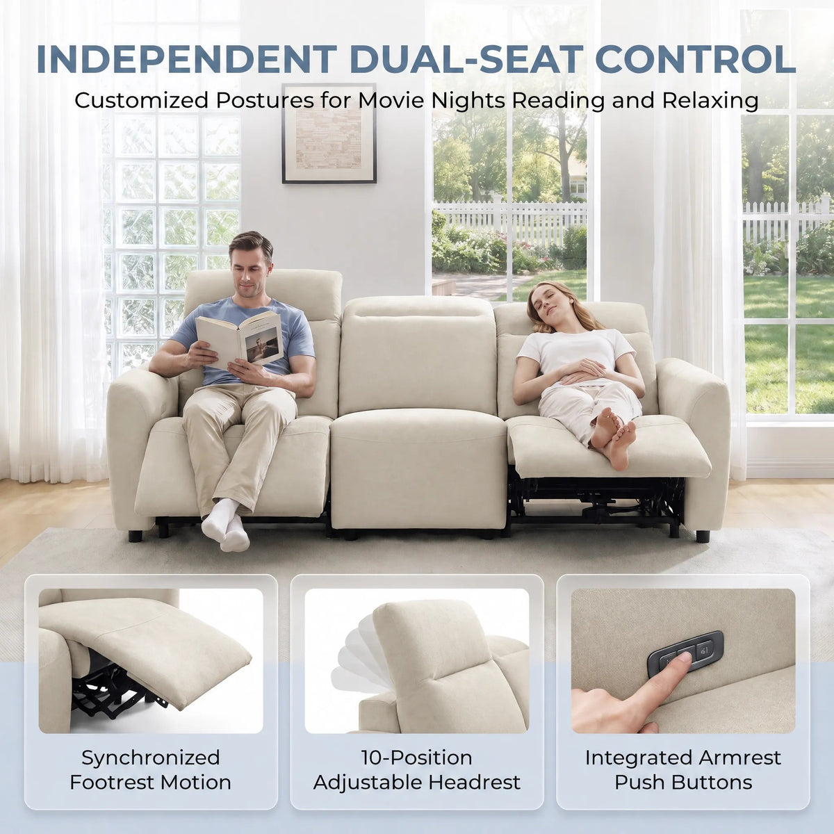 CHITOOMA 91" 3-Seat Power Reclining Sofa, Zero-Gravity Zero-Wall-Hugger Recliner with Charging Ports, Adjustable Headrests, Pet-Friendly Tri-Proof Fabric for Living Room, Home Theater, Beige