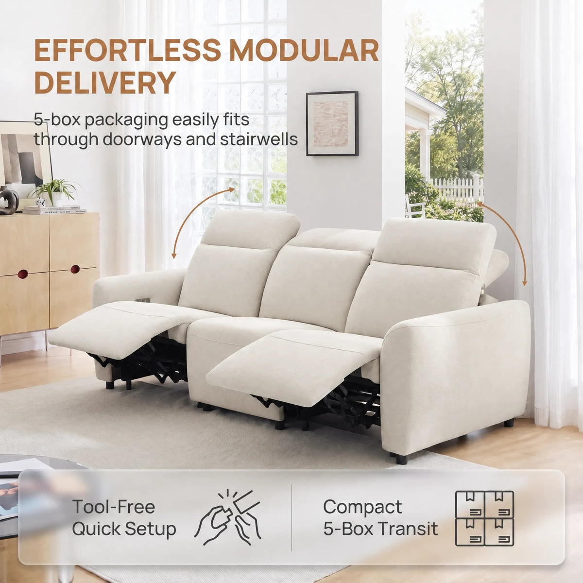 CHITOOMA 91" 3-Seat Power Reclining Sofa, Zero-Gravity Zero-Wall-Hugger Recliner with Charging Ports, Adjustable Headrests, Pet-Friendly Tri-Proof Fabric for Living Room, Home Theater, Beige