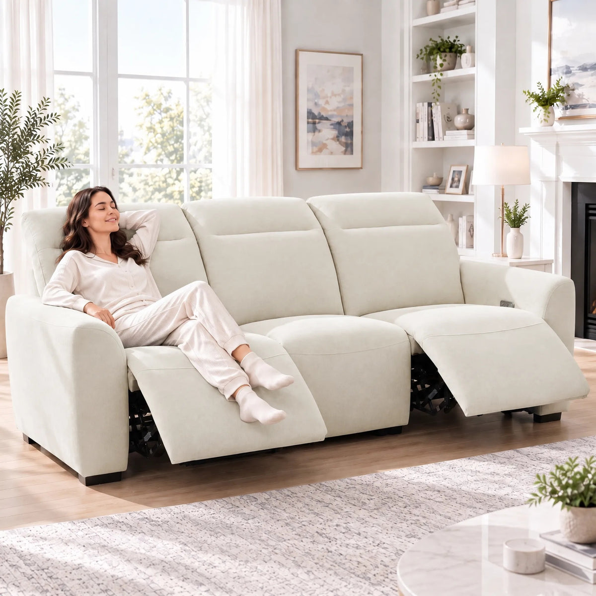 CHITOOMA 91" 3-Seat Power Reclining Sofa, Zero-Gravity Zero-Wall-Hugger Recliner with Charging Ports, Adjustable Headrests, Pet-Friendly Tri-Proof Fabric for Living Room, Home Theater, Beige