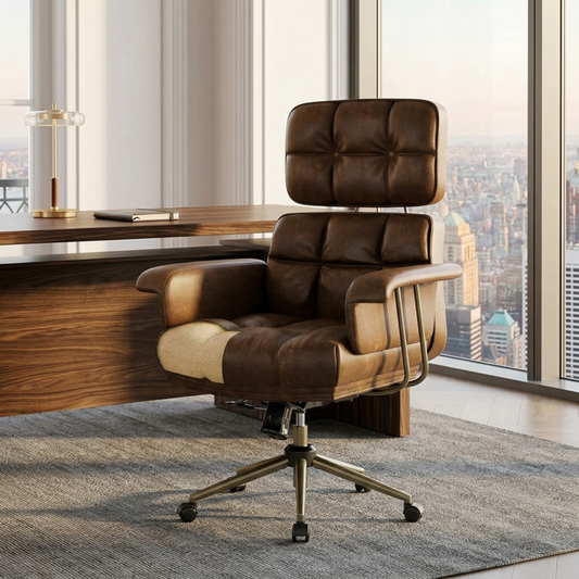 BESTERGO Ergonomic Executive Office Chair with PU Leather Upholstery, Adjustable Lumbar Support, Thick Cushion, 300 lbs Capacity, Mid Century Modern Desk Chair for Home Office, Brown