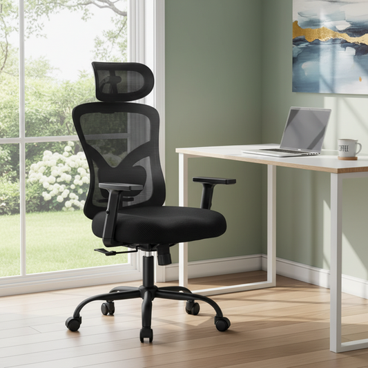BESTERGO Ergonomic Office Chair with Adjustable Lumbar Support, 2D Headrest, Height-Adjustable Armrests, Reclining Backrest, Thick Seat Cushion, Rolling Desk Chair for Home Office