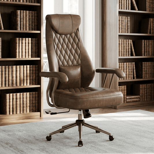 BESTERGO High Back Executive Office Chair with Integrated Headrest & Lumbar Support, Ergonomic PU Leather Desk Chair, Adjustable Swivel & Recline for Home Office, Brown, 300 lbs Capacity