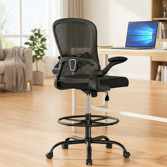 BESTERGO Tall Drafting Chair with Flip-Up Armrests, Adjustable Foot Ring, Ergonomic High Office Chair with Lumbar Support, Height-Adjustable Standing Desk Chair