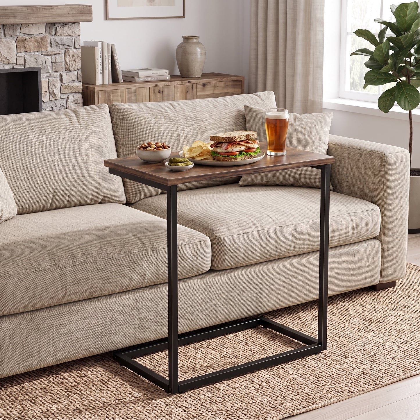 C Shaped End Sofa Table, Vintage Side Couch Table for Living Room, Bedroom, 27"(H) x 19.7"(W) x 12.6"(D), Brown