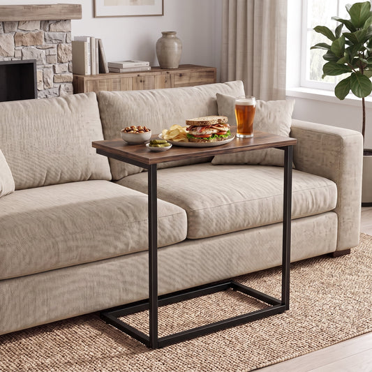 C Shaped End Sofa Table, Vintage Side Couch Table for Living Room, Bedroom, 27"(H) x 19.7"(W) x 12.6"(D), Brown