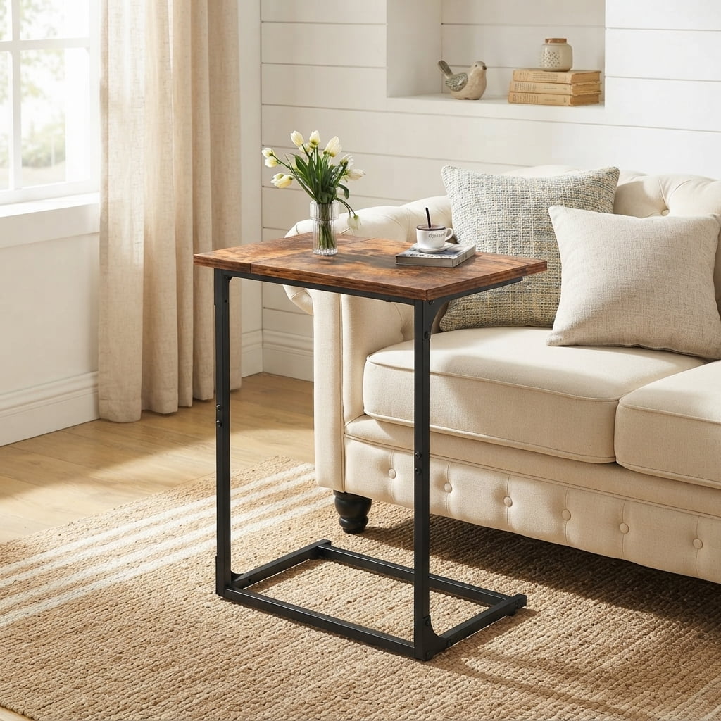 C Shaped End Sofa Table, Widened Vintage End Table Side Table for Living Room, Bedroom, 27"(H) x 21.1"(W) x 11.4"(D), Brown