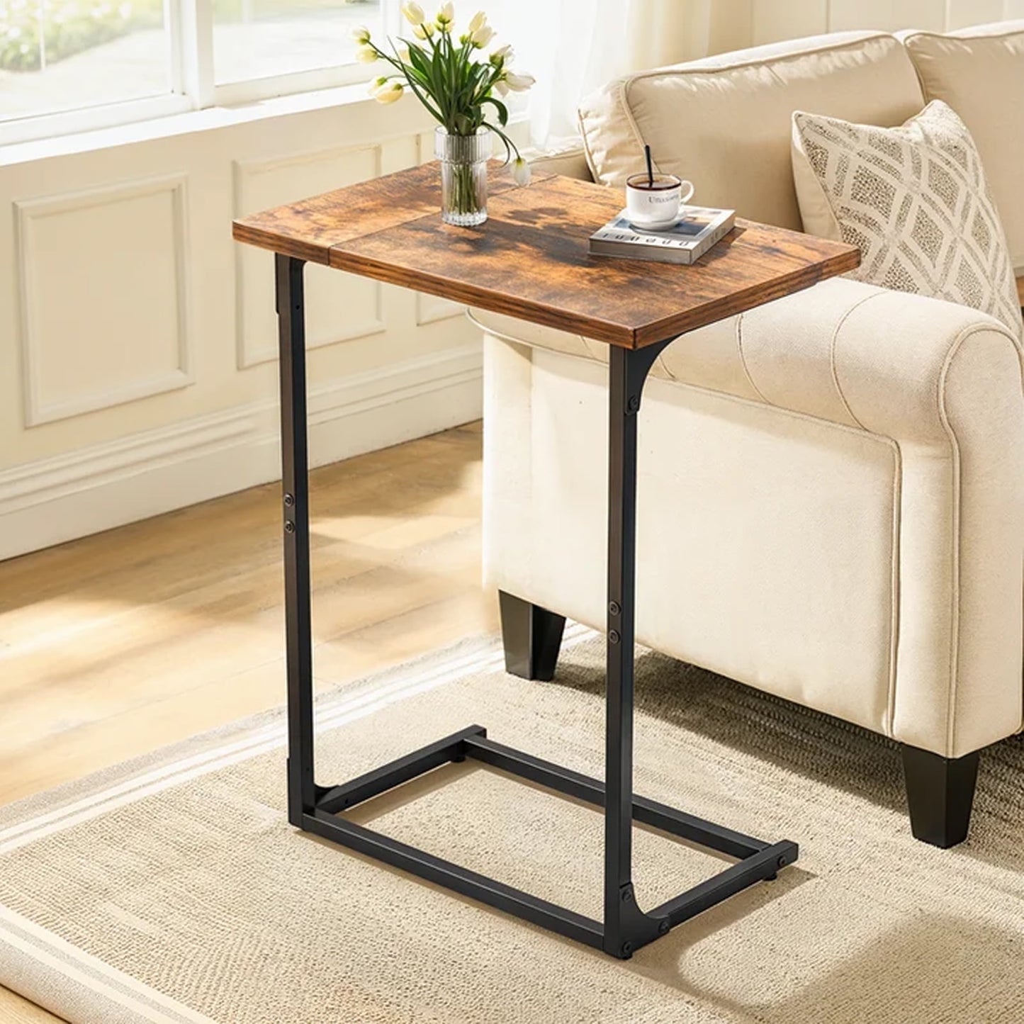 C Shaped End Sofa Table, TV Tray Couch Side Table for Living Room, Bedroom, With widened tabletop,27"(H) x 21.1"(W) x 11.4"(D), Brown