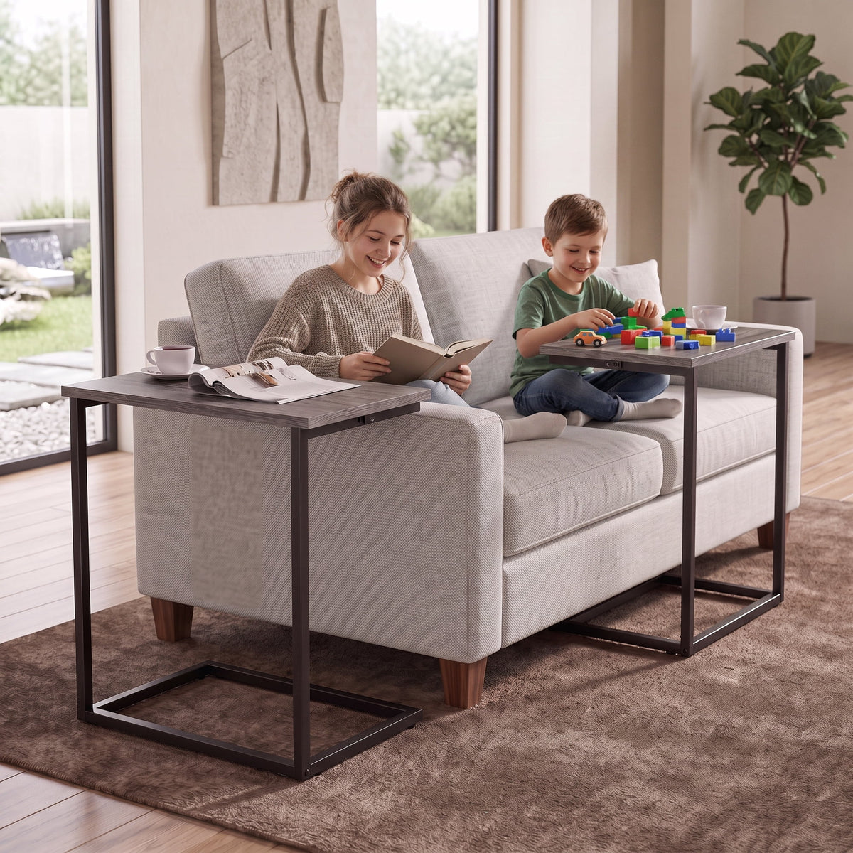 C Shaped End Table 2 PCS,C-Table for sofa,Side Table for Bedroom, Living Room, Home Office,Gray