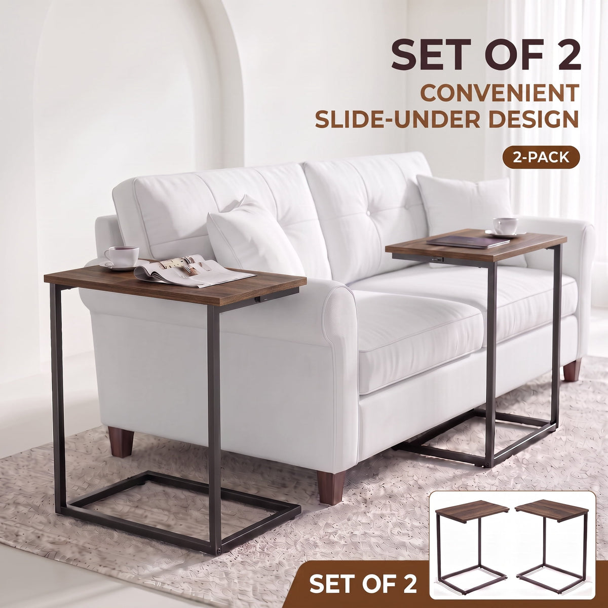 C Shaped End Table 2pcs, Side Table for Sofa,Modern C-Table for Livingroom,Bedroom,Brown