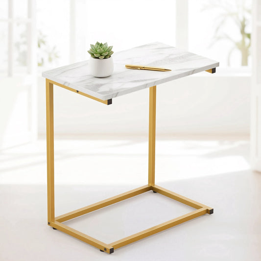 C Shaped End Table, Vintage Side Table for Couch, Laptop, Coffee, Snack, Sofa Side End Table C Shape for Living Room, 27"(H) x 19.7"(W) x 12.6"(D), Marble