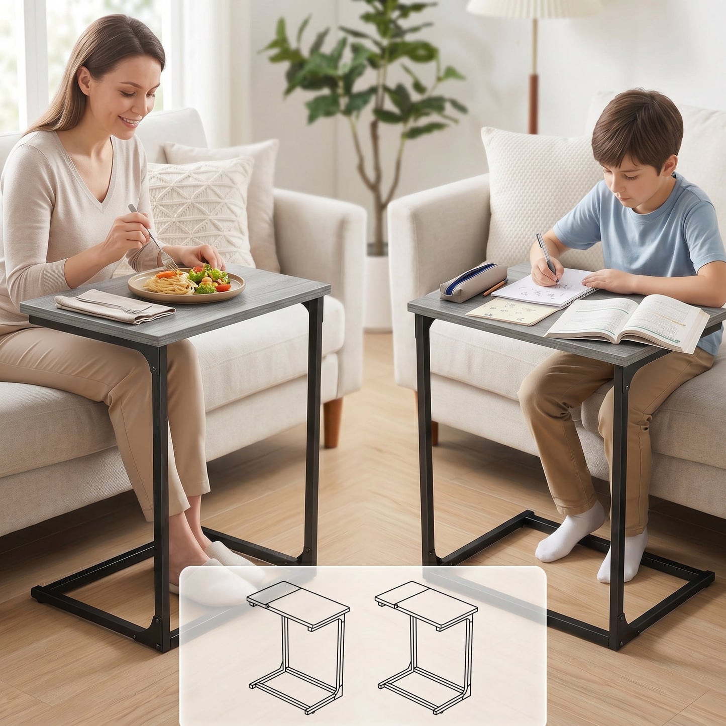 C Shaped Metal Couch End Table Tray Table 2pcs, Widened Side Table Sofa Table Nightstand for Bedroom, Living Room, 27"(H) x 21.1"(W) x 11.4"(D), Grey