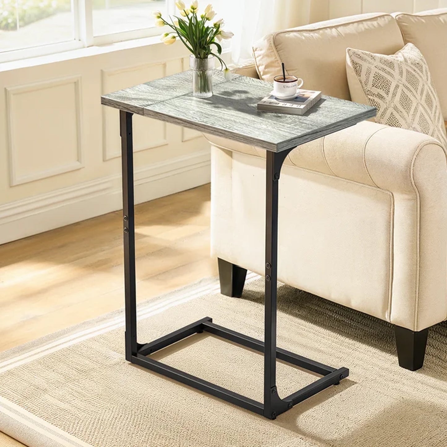 C Shaped Couch End Table Tray Table, Side Table for Sofa,with Widened tabletop for Bedroom, Living Room, 27"(H) x 21.1"(W) x 11.4"(D), Grey