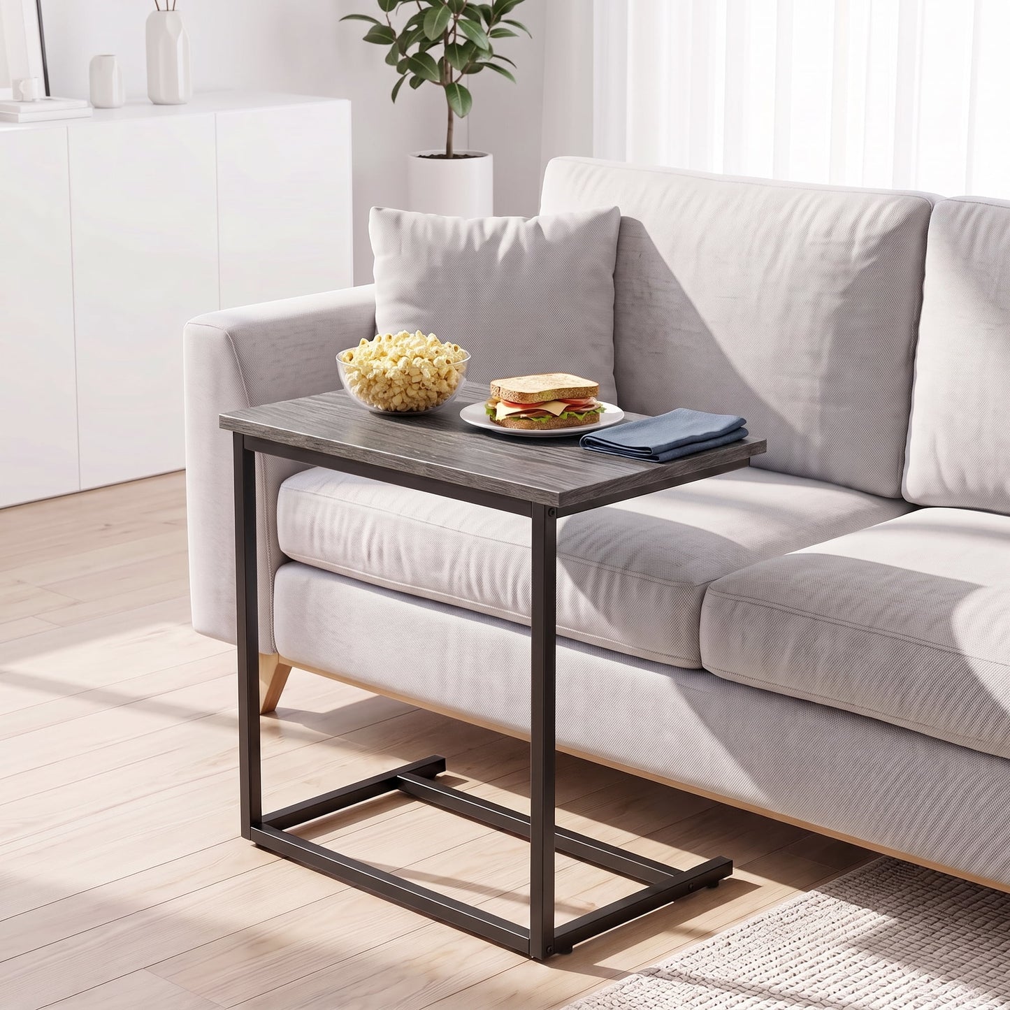 C Shaped End Table,Side Table TV Tray Table for Sofa,Couch Table,metal frame for Bedroom(Grey)