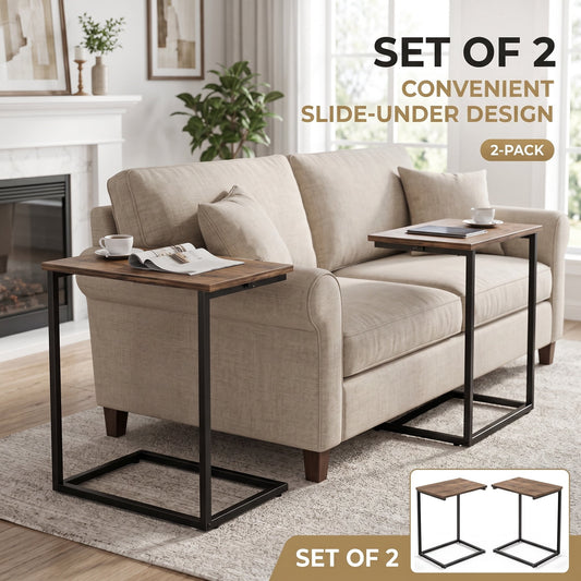 2 PCS C Shaped Sofa Side End Table，Side Table TV Tray Table for Sofa,Couch Table with metal frame for livingroom,Bedroom,Rustic Brown