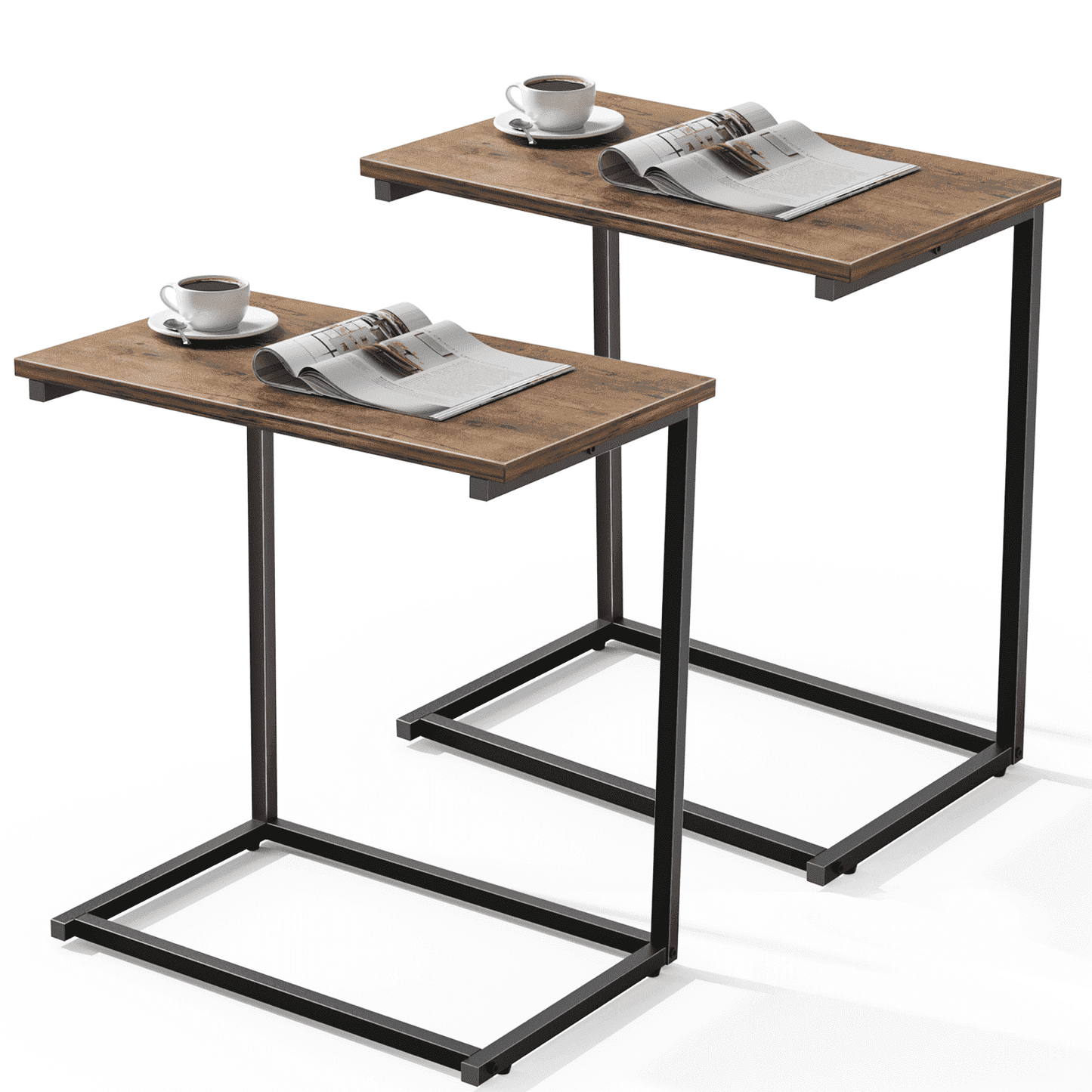2 PCS C Shaped Sofa Side End Table，Side Table TV Tray Table for Sofa,Couch Table with metal frame for livingroom,Bedroom,Rustic Brown