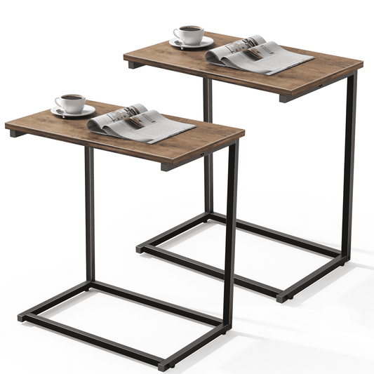 2 PCS C Shaped Sofa Side End Table，Side Table TV Tray Table for Sofa,Couch Table with metal frame for livingroom,Bedroom,Rustic Brown