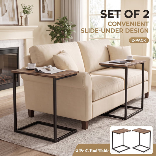 2 PCS C Shaped Sofa Side End Table，Side Table TV Tray Table for Sofa,Couch Table with metal frame for livingroom,Bedroom,Rustic Brown