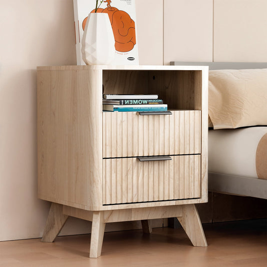 CHITOOMA 2-Drawer Nightstand with Open Shelf, Wood Fluted Bedside Table with Storage, Small End Table for Bedroom Living Room, Natural
