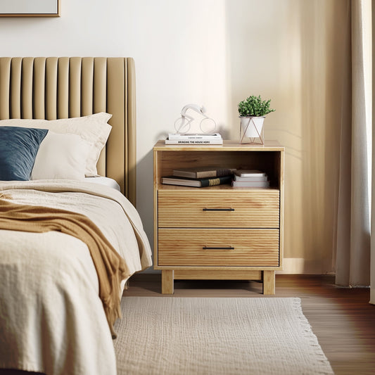 CHITOOMA 2-Drawer Nightstand with Open Shelf, Wood Fluted Bedside Table with Storage, Small End Table for Bedroom Living Room, Natural