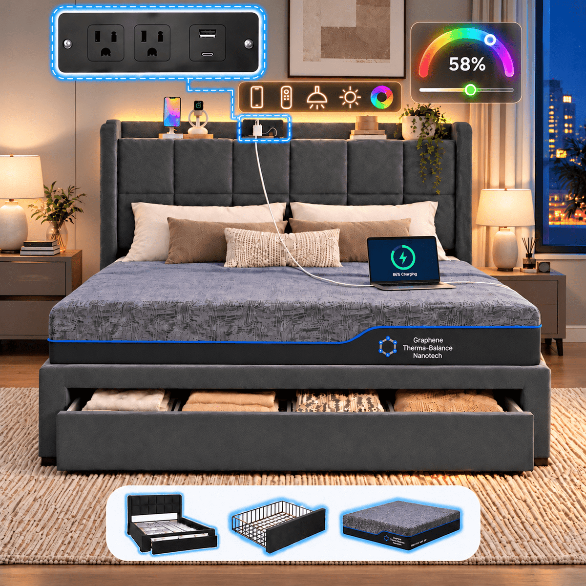 CHITOOMA 2 Piece Bedroom Furniture Set,Queen Bed Frame & 12" Memory Foam Mattress,Upholstered Platform Bed with Storage Drawers,RGB LED Headboard,Charging Station,Gray