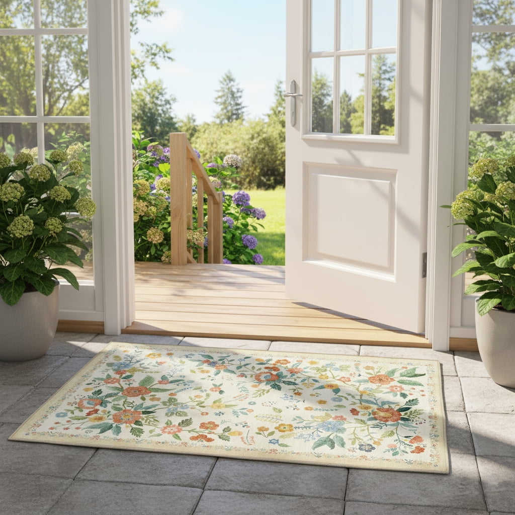 CHITOOMA 2'x3' Runner Rugs for Hallway, Modern Floral Runner Rugs Machine Washable Rugs, Botanical Indoor Carpet Soft Rugs for Bedroom Dining Room Dorm Office, Beige