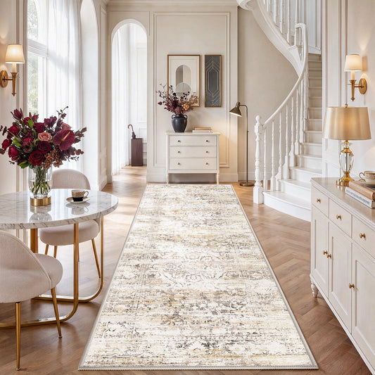 CHITOOMA 2'x6' Runner Rug, Washable Rugs for Kitchen Non-Slip Low Pile Soft Distressed Abstract Rug, Indoor Vintage Neutral Carpet for Hallway, Entryway, Bedroom, Laundry, Bathroom, Beige
