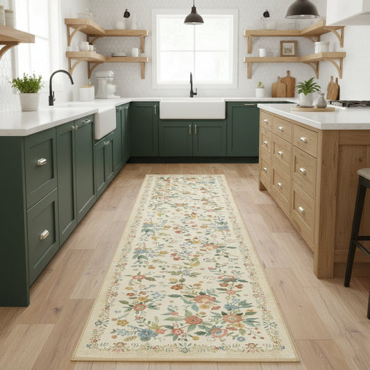 CHITOOMA 2'x6' Runner Rugs for Hallway, Modern Floral Runner Rugs Machine Washable Rugs, Botanical Indoor Carpet Soft Rugs for Bedroom Dining Room Dorm Office, Beige