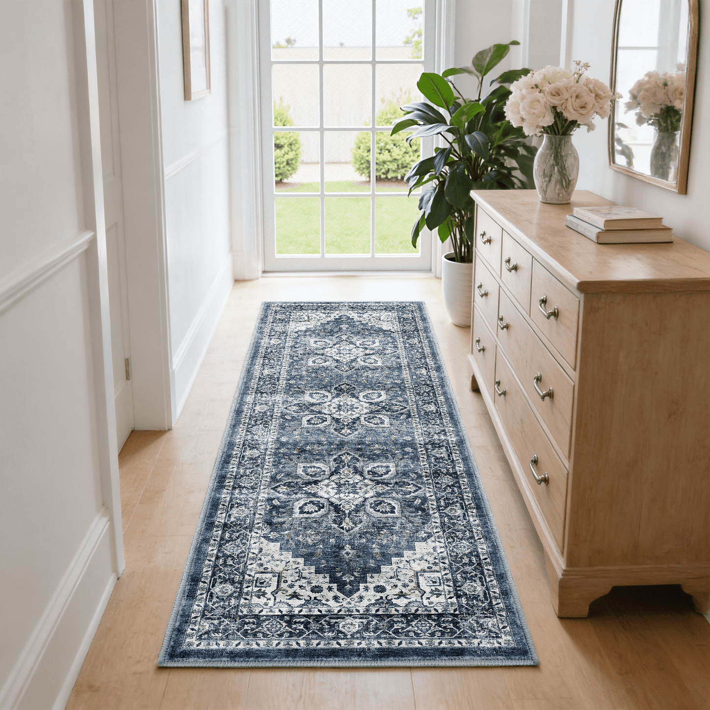 CHITOOMA 2.6'x8' Runner Rug, Machine Washable Rugs for Kitchen, Vintage Soft Non-Slip Runner Rug with Stain Resistant Non-Shed Carpet for Hallway, Entryway, Bedroom, Laundry, Bathroom