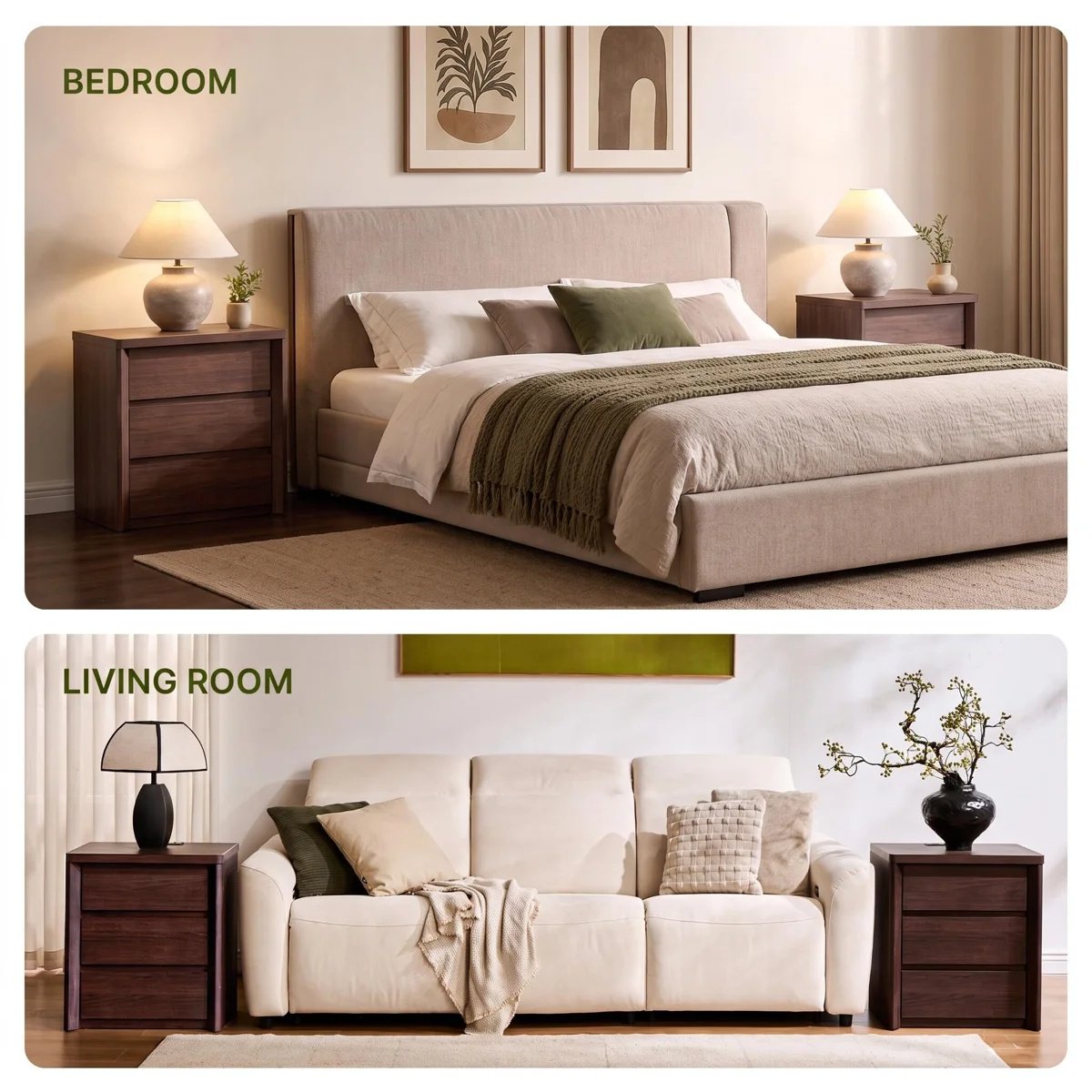 CHITOOMA 24.8" Nightstand Set of 2 with Charging Station for Bedroom, Walnut