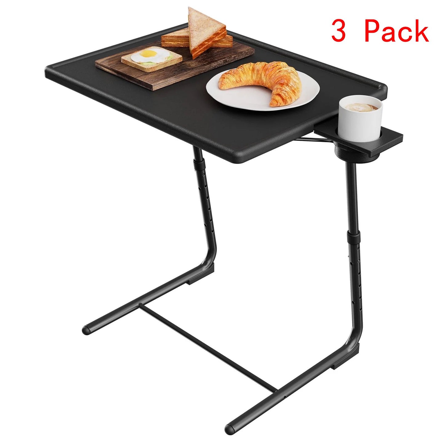 CHITOOMA 3 Pcs TV Tray Table with Cup Holders, Portable C-Shaped Side Dinner Tray Table, Adjustable 6 Heights & 3 Tilt Angle for Living Room, Bedroom, Black