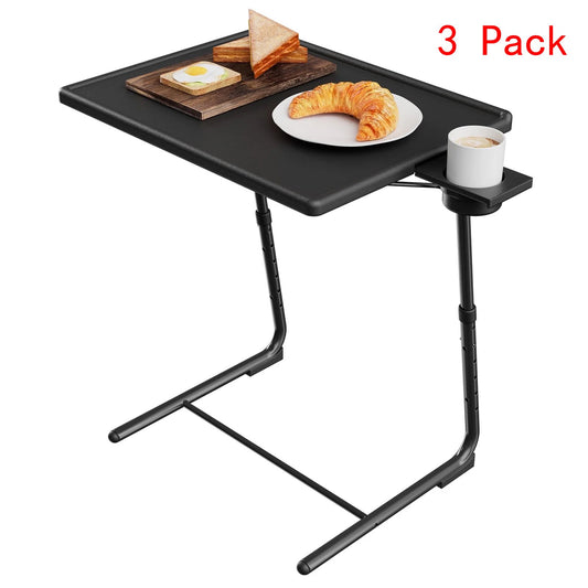 CHITOOMA 3 Pcs TV Tray Table with Cup Holders, Portable C-Shaped Side Dinner Tray Table, Adjustable 6 Heights & 3 Tilt Angle for Living Room, Bedroom, Black