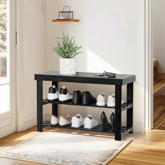 CHITOOMA 3-Tier Bamboo Shoe Storage Bench for Entryway, Wood Hallway Shoe Rack Shoe Organizer Shelf for Living Room Bedroom, 11"D x 27.5"W x 17.5"H, Black