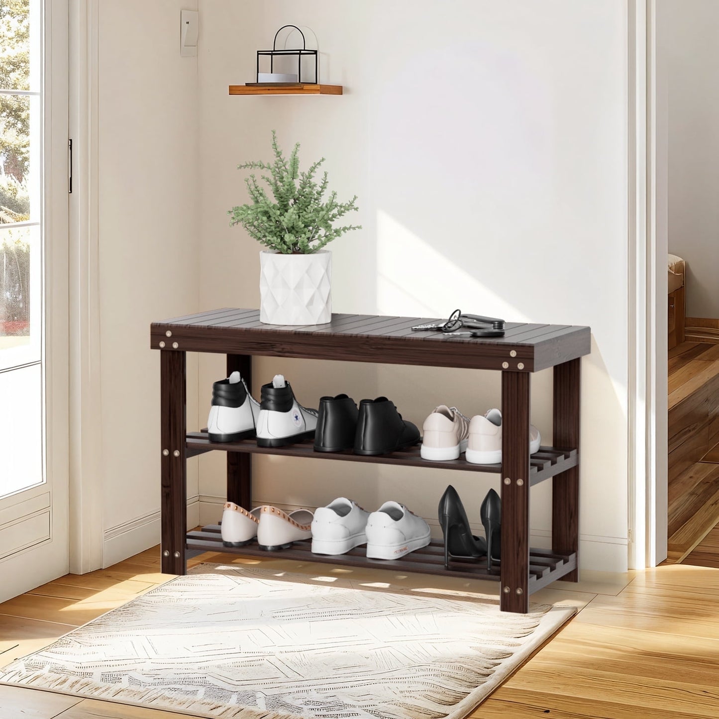 3-Tier Bamboo Shoe Storage Bench for Entryway, Wood Hallway Shoe Rack Shoe Organizer Shelf for Living Room, Bedroom, 11"D x 27.5"W x 17.5"H, Brown