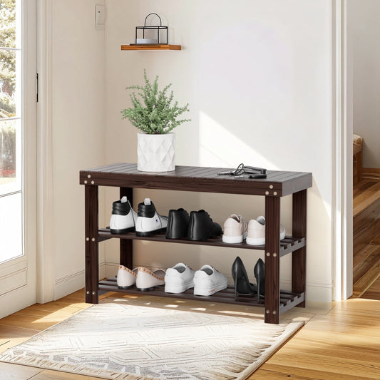 3-Tier Bamboo Shoe Storage Bench for Entryway, Wood Hallway Shoe Rack Shoe Organizer Shelf for Living Room, Bedroom, 11"D x 27.5"W x 17.5"H, Brown