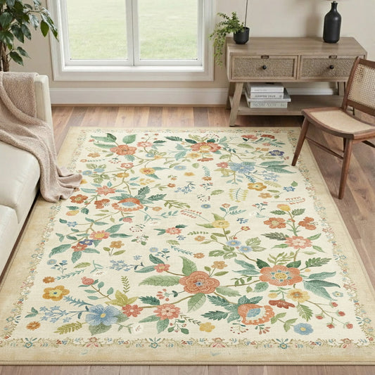 CHITOOMA 3'x5' Area Rugs for Living Room, Modern Floral Area Rugs Machine Washable Rugs, Botanical Indoor Carpet Soft Rugs for Bedroom Dining Room Dorm Office, Beige