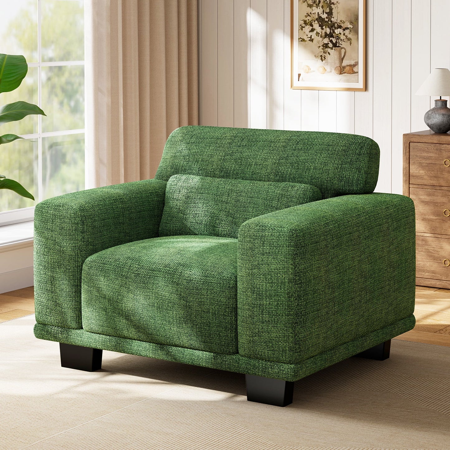 CHITOOMA 40" Oversized Accent Chair, Linen Upholstered Armchair with Washable Covers & Pillow, Wide Armrests, Deep Seat Sofa Chair for Living Room, Bedroom, or Office, Green