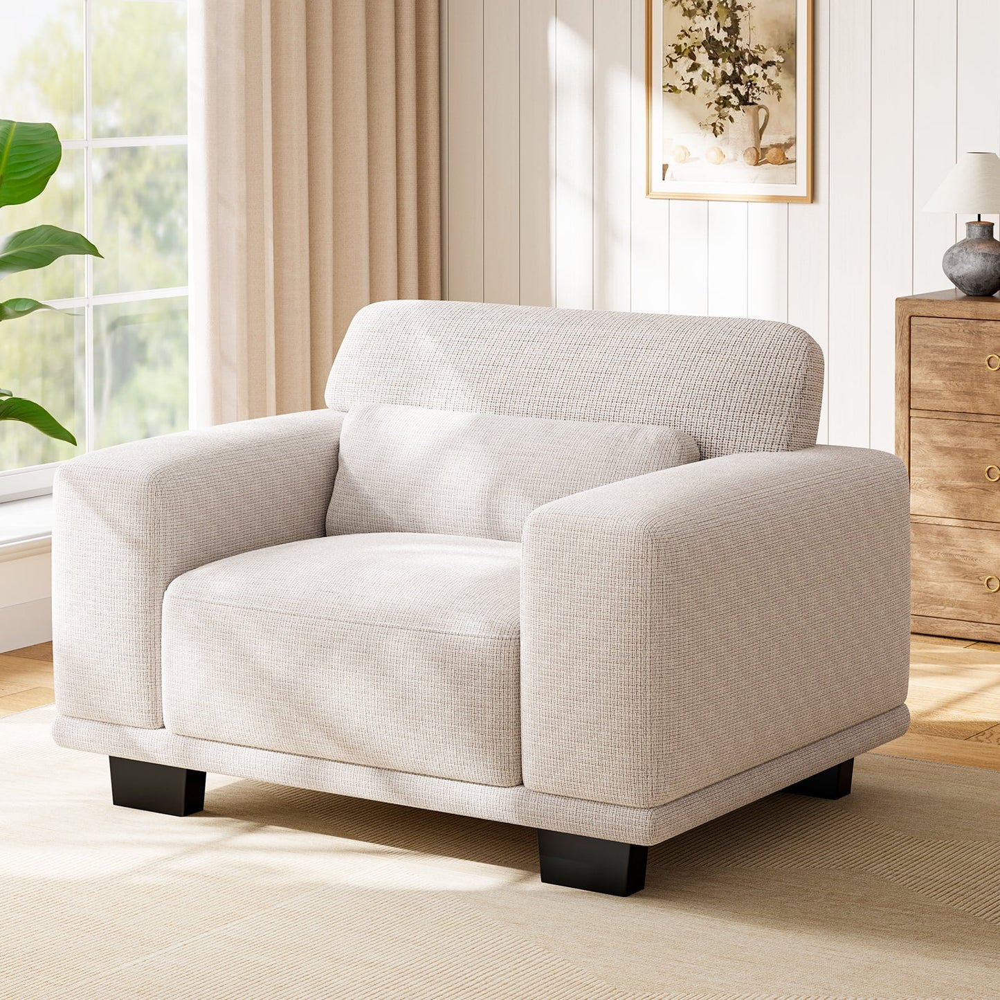 CHITOOMA 40" Oversized Accent Chair, Linen Upholstered Armchair with Washable Covers & Pillow, Wide Armrests, Deep Seat Sofa Chair for Living Room, Bedroom, or Office, White