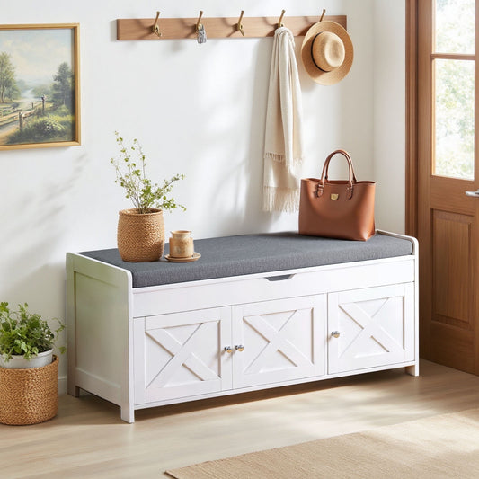CHITOOMA 43.4" Shoe Storage Bench with Cushion and Barn Doors for Entryway, Bedroom, Shoe Rack Bench Adjustable Shelf with Lift Top Storage, 440 lbs, White