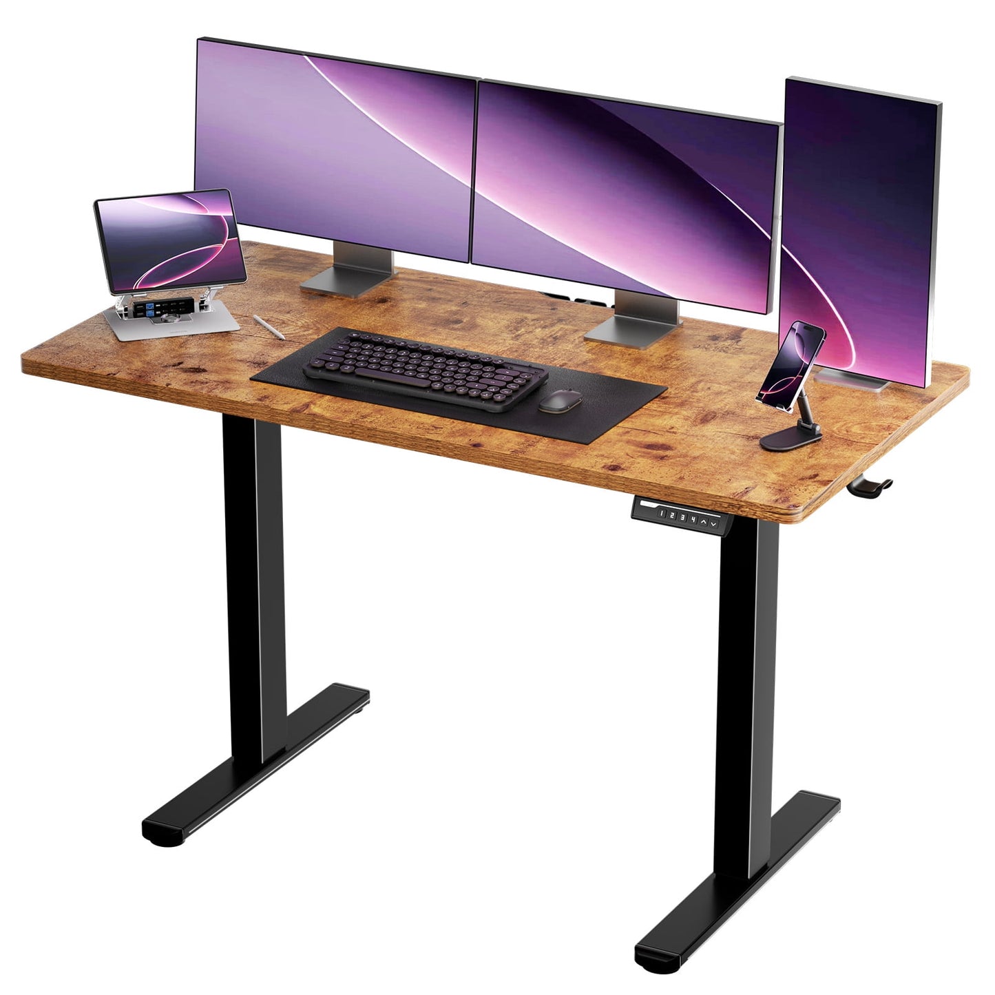 CHITOOMA 48" x 24" Electric Standing Desk with 4 Memory Preset Heights, Height Adjustable Sit Stand up Desk with Headphone Hook for Home Office, Rustic Brown
