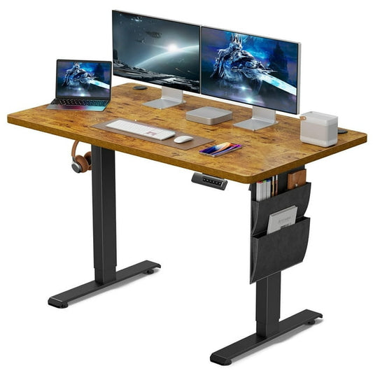 CHITOOMA Electric Standing Desk with Storage Bag, 48" x 24" Adjustable Height Sit to Stand Desk with 4 Memory Pre-Set, Headphone Hook for Home Office, Rustic Brown