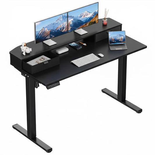 CHITOOMA 48″ x 24″ Standing Desk with Drawers, Electric Height Adjustable Sit Stand Desk with Storage Shelf, Black