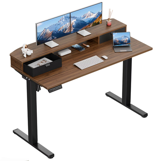 CHITOOMA 48″ x 24″ Standing Desk with Drawers, Electric Height Adjustable Sit Stand Desk with Storage Shelf, walnut