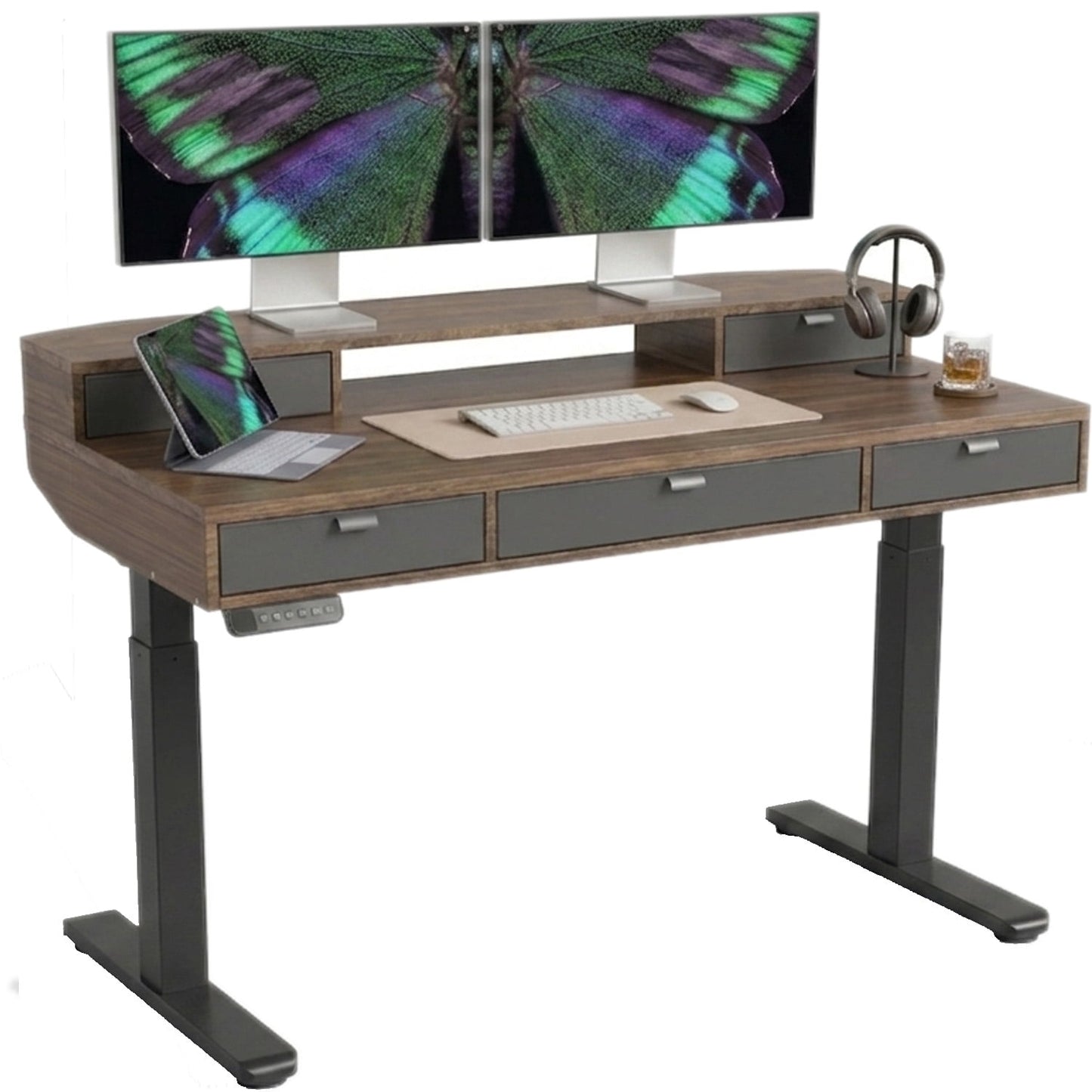 Electric Standing Desk with 5 Drawers, Monitor-Riser Design, 48" x 24" Height Adjustable Sit Stand Desk for Home Office, 4 Preset Pannel, Walnut