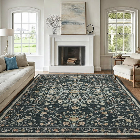CHITOOMA 5'x7' Area Rugs for Living Room, Modern Floral Area Rugs Machine Washable Rugs, Botanical Indoor Carpet Soft Rugs for Bedroom Dining Room Dorm Office, Black