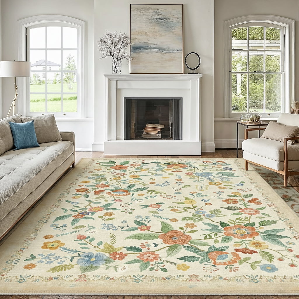 CHITOOMA 5'x7' Area Rugs for Living Room, Modern Floral Area Rugs Machine Washable Rugs, Botanical Indoor Carpet Soft Rugs for Bedroom Dining Room Dorm Office, Beige