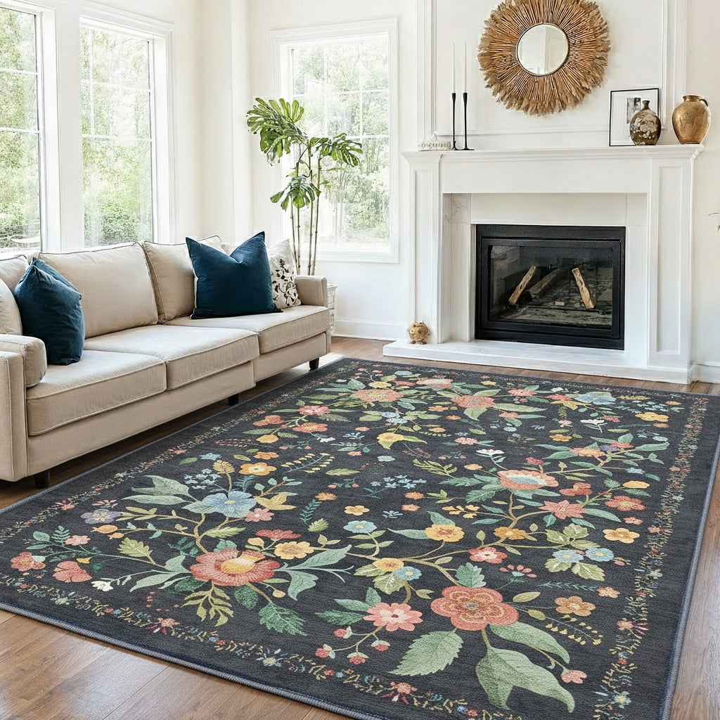 CHITOOMA 5'x7' Area Rugs for Living Room, Modern Floral Area Rugs Machine Washable Rugs, Botanical Indoor Carpet Soft Rugs for Bedroom Dining Room Dorm Office, Black