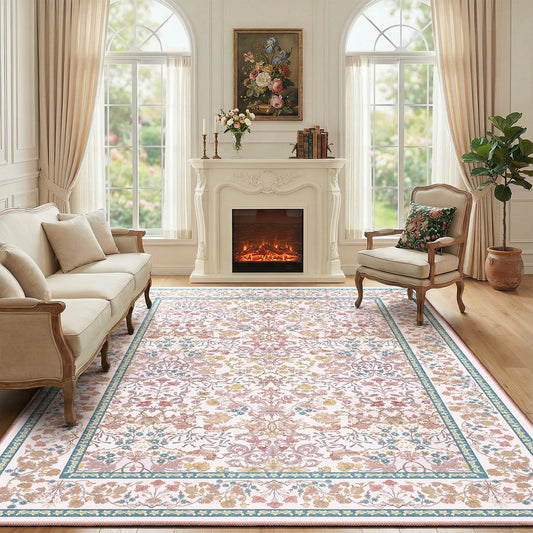 CHITOOMA 5'x7' Area Rugs for Living Room, Floral Washable Rug Boho Non-Slip Printed Carpet, Vintage Stain Resistant Indoor Rug for Bedroom Dining Room Home Office