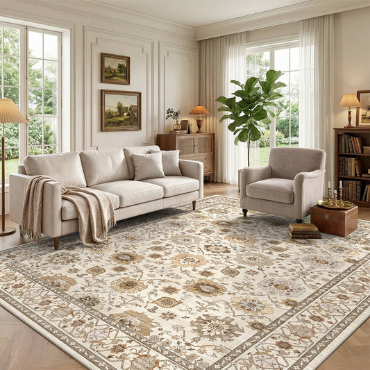 CHITOOMA 5'x7' Area Rugs for Living Room, Boho Machine Washable Stain Resistant Non-Shed Carpet, Floral Area Rug with Non-Slip Backing for Bedroom, Dining Room, Dorm, Office