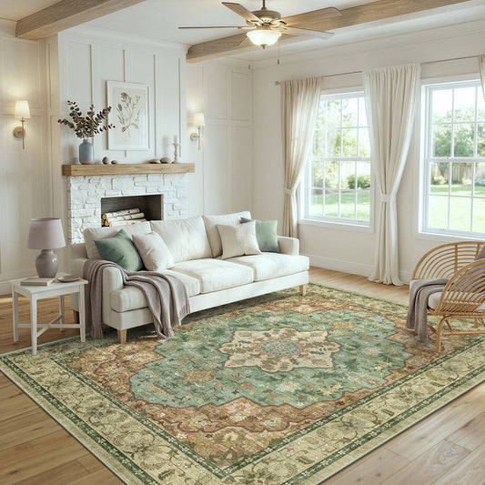 CHITOOMA 5'x7' Area Rugs for Living Room, Boho Machine Washable Stain Resistant Non-Shed Carpet, Floral Area Rug with Non-Slip Backing for Bedroom, Dining Room, Dorm, Office